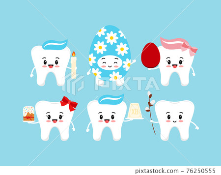 Orthodox Easter cute teeth dental icon set. Orthodox Easter cute teeth dental icon set. 76250555