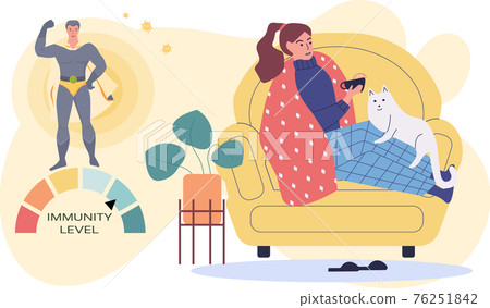 Immunity level increase during recovery. Sick woman drinking tea with lemon on quarantine Immunity level increase during recovery. Sick woman drinking tea with lemon on quarantine 76251842