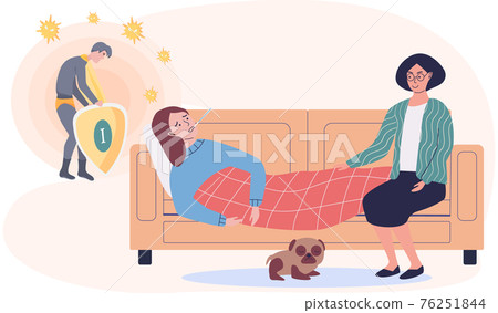 Sick girl lies on couch and measures temperature. Immunity level decrease during illnesses 76251844