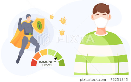 Superhero demonstrates high level of immunity. Man in protective mask. Prevention of virus spread 76251845