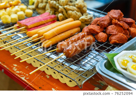 street food thailand market assorted barbecue sausages and pieces of meat selective focus street food thailand market assorted barbecue sausages and pieces of meat selective focus 76252094