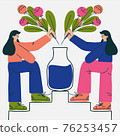 Gardener girls with flower bouquet, concept flowers shop, girls team flat  76253457