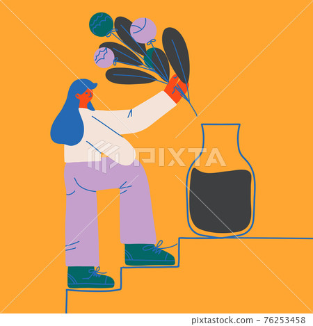 Gardener girls with flower bouquet, concept flowers shop, girls team flat  76253458