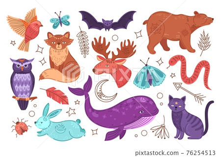 Mystical animals. Alchemy tales, animal with moon and crystal. Modern scarab or beetle, esoteric owl. Magic kids tale exact vector characters 76254513