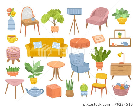 Scandinavian furniture. Isolated cozy home furnitures, chair comfort and trendy relax interior elements. Living room plants exact vector set 76254516