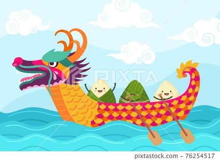 Chinese boat festival. Dragons festivity ship, cartoon asian food symbol. Rice dumplings floating in sea, chinese zongzi exact vector banner 76254517