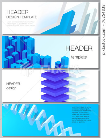 Vector layout of headers, banner templates for website footer design, horizontal flyer design, website header backgrounds. 3d render vector composition with dynamic geometric blue shapes in motion. 76254838