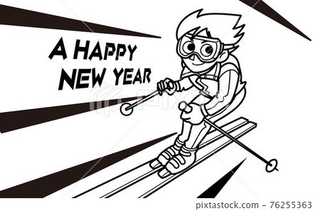 Skiing, New Year's card, a happy new year, monochrome 76255363