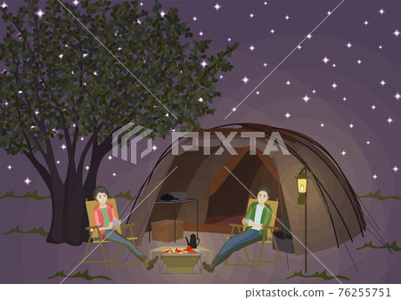 Men and women surrounding the bonfire in front of the tent Men and women surrounding the bonfire in front of the tent 76255751