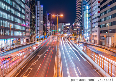Shibuya signboard afternoon city center night view Tokyo Expressway Metropolitan Expressway Illuminations taillight car office building 76255831