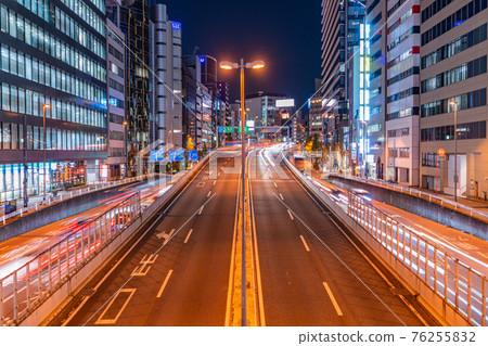 Shibuya signboard afternoon city center night view Tokyo Expressway Metropolitan Expressway Illuminations taillight car office building 76255832