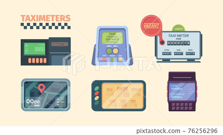 Taximeter. Display in car with speeding detection for cash money auto transportation meter for vehicle services garish vector collection Taximeter. Display in car with speeding detection for cash money auto transportation meter for vehicle services garish vector collection 76256296