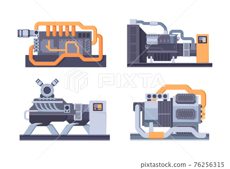 Industrial generator. Steel jerrycan fuel electricity for balloons types of maintenance generators garish vector flat machines Industrial generator. Steel jerrycan fuel electricity for balloons types of maintenance generators garish vector flat machines 76256315