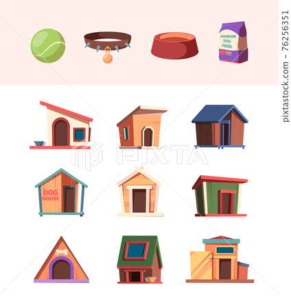 Zoo market. Domestic animals accessories toys for dogs wooden house pets bowl water bottles bones garish vector illustrations set 76256351