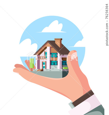 House on hand. Real estate person holding comfortable building on hand with key garish rental vector concept picture House on hand. Real estate person holding comfortable building on hand with key garish rental vector concept picture 76256364