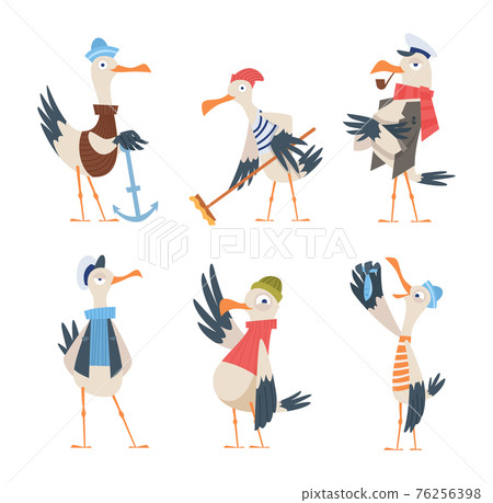 Seagull sailor. Cute funny sea or ocean bird in captain clothes exact vector character in action poses isolated Seagull sailor. Cute funny sea or ocean bird in captain clothes exact vector character in action poses isolated 76256398
