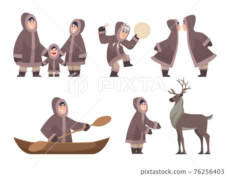 Eskimo characters. Traditional ethnic authentic characters cold alaska family exact vector cartoon happy people isolated Eskimo characters. Traditional ethnic authentic characters cold alaska family exact vector cartoon happy people isolated 76256403