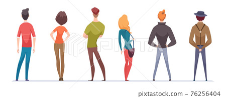 Back view persons. Male and female standing characters in casual and business style clothes head torso legs and arms rear view exact vector flat people Back view persons. Male and female standing characters in casual and business style clothes head torso legs and arms rear view exact vector flat people 76256404