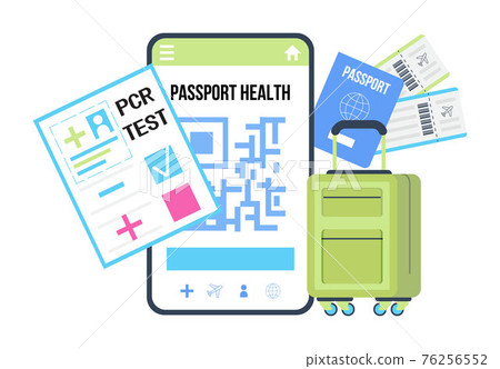 PCR test for tourists. Health passport concept vector for web, blog. Vaccine, immunity passport app. Luggage, certificate, tickets. Travel rules in COVID-19 pandemic. PCR test for tourists. Health passport concept vector for web, blog. Vaccine, immunity passport app. Luggage, certificate, tickets. Travel rules in COVID-19 pandemic. 76256552
