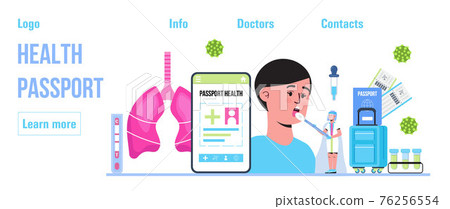 Health passport concept vector foe web, header. Vaccine, immunity passport app. Doctors wearing medical masks, disinfectant gloves washing hands. Travel rules in COVID-19 pandemic. 76256554