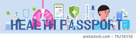 Health passport concept vector foe web, header. Vaccine, immunity passport app. Doctors wearing medical masks, disinfectant gloves washing hands. Travel rules in COVID-19 pandemic. 76256556