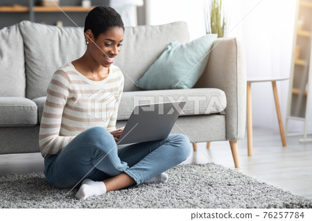 Remote Work. Smiling Black Freelancer Woman Working With Laptop At Home 76257784