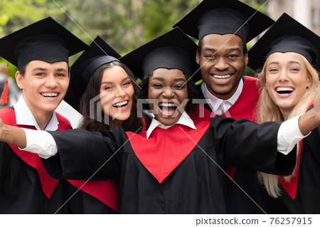 Happy multiracial group of students taking selfie, closeup Happy multiracial group of students taking selfie, closeup 76257915
