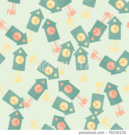 Antique cuckoo clock seamless doodle pattern with blue random print. Pastel tones background. 76258156
