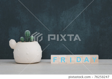 cactus pot and wood block with day word on wooden shelf 76258247