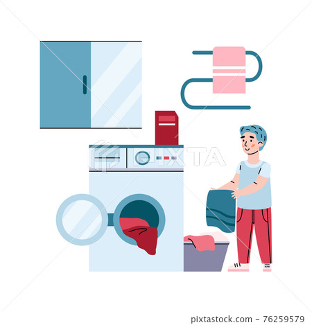 Hardworking child puts laundry to washing machine, vector illustration isolated. Hardworking child puts laundry to washing machine, vector illustration isolated. 76259579