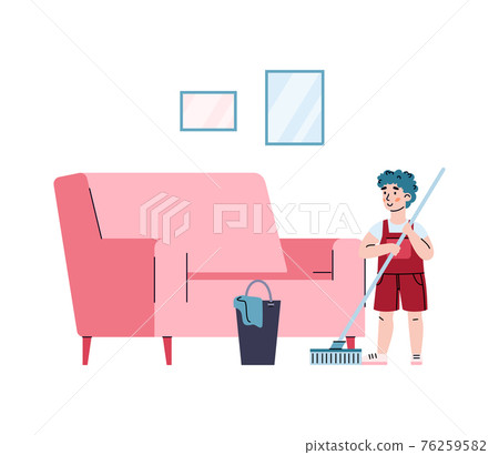 Hardworking boy washes floors with a mop, cartoon vector illustration isolated. Hardworking boy washes floors with a mop, cartoon vector illustration isolated. 76259582