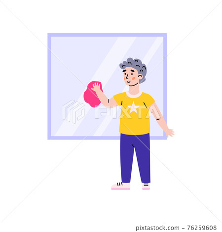 Little boy washes the window himself, cartoon vector illustration isolated. Little boy washes the window himself, cartoon vector illustration isolated. 76259608