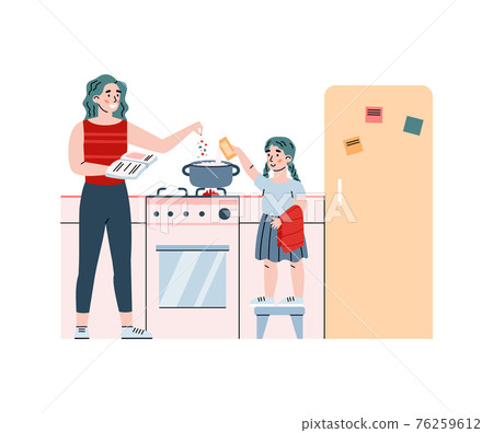 Mother teaches and helps daughter to cook, isolated cartoon vector illustration. Mother teaches and helps daughter to cook, isolated cartoon vector illustration. 76259612