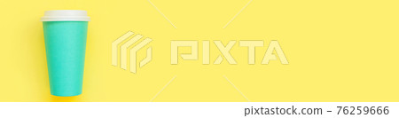 Simply flat lay design blue paper coffee cup isolated on yellow colorful background. Takeaway drink container. Good morning wake up awake concept. Template of drink mockup. Top view copy space, banner 76259666