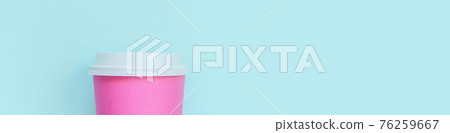 Simply flat lay design pink paper coffee cup on blue pastel colorful background. Takeaway drink container. Good morning wake up awake concept. Template of drink mockup. Top view copy space, banner 76259667
