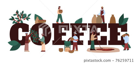 Coffee banner template with word and tiny people, flat vector illustration. Coffee banner template with word and tiny people, flat vector illustration. 76259711
