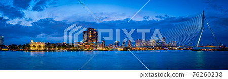View of Erasmus Bridge Erasmusbrug and Rotterdam skyline. Rotterdam, Netherlands 76260238