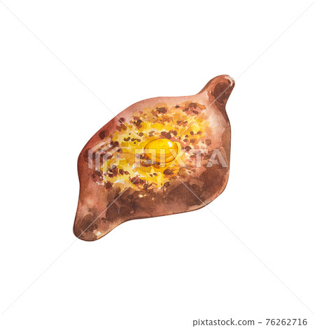 Adjar Khachapuri. Georgian national pie khachapuri with egg and cheese in the white plate isolated on white background. Watercolor 76262716