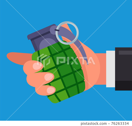 man holds a combat grenade in his hand. threatens to blow himself up. man holds a combat grenade in his hand. threatens to blow himself up. 76263334