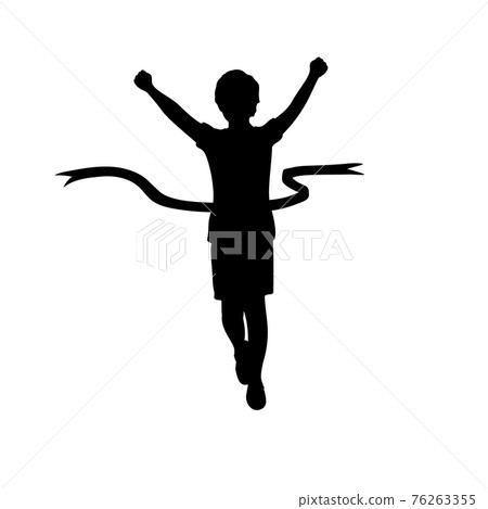 Silhouette boy crosses the finish line. Silhouette boy crosses the finish line. 76263355