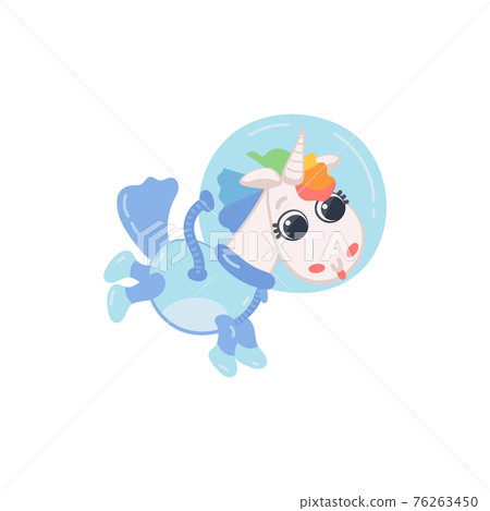 Childish funny unicorn astronaut in space suit flat vector illustration isolated. Childish funny unicorn astronaut in space suit flat vector illustration isolated. 76263450