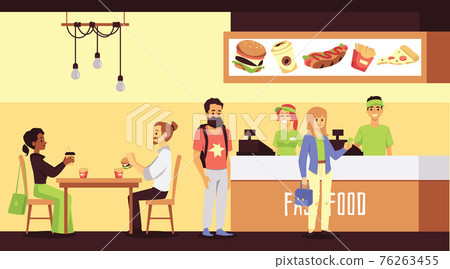 Fast food restaurant with workers cashiers selling food to people customers. 76263455