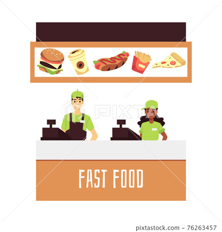Workers of fast food restaurant or cafe stands behind counter waiting customers. Workers of fast food restaurant or cafe stands behind counter waiting customers. 76263457