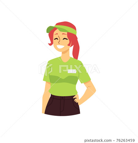 Half-figure portrait of friendly waitress, flat vector illustration isolated. Half-figure portrait of friendly waitress, flat vector illustration isolated. 76263459