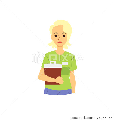Fast food restaurant female service worker with menu in hand Fast food restaurant female service worker with menu in hand 76263467