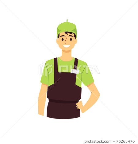 Portrait of waiter or fast food cafe worker, flat vector illustration isolated. 76263470