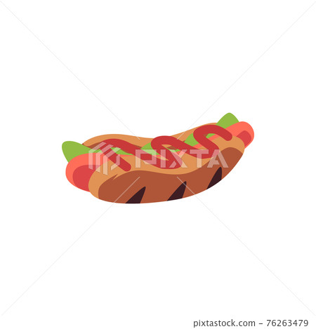 Hot dog, bun with sausage and ketchup, american popular fast food. 76263479