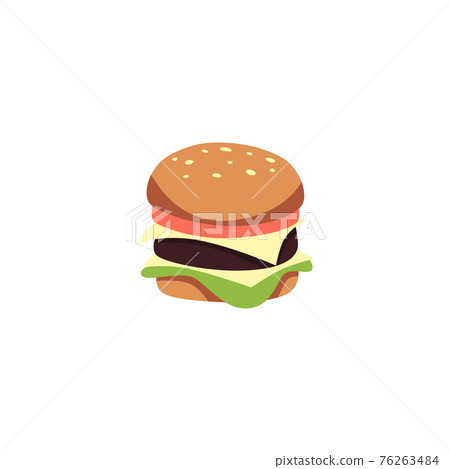 Cheeseburger with cheese and grilled beef, flat vector illustration isolated. Cheeseburger with cheese and grilled beef, flat vector illustration isolated. 76263484