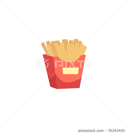 French fries in red paper box a flat cartoon vector illustration. French fries in red paper box a flat cartoon vector illustration. 76263485