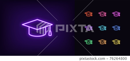 Neon academic hat icon. Glowing neon education sign, outline mortarboard pictogram Neon academic hat icon. Glowing neon education sign, outline mortarboard pictogram 76264800